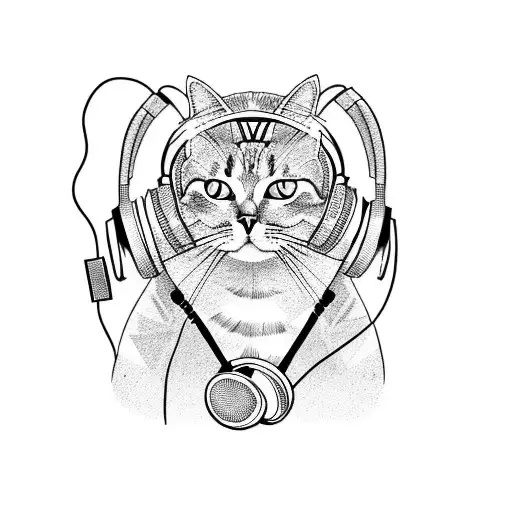 cat with headphones tattoo design idea