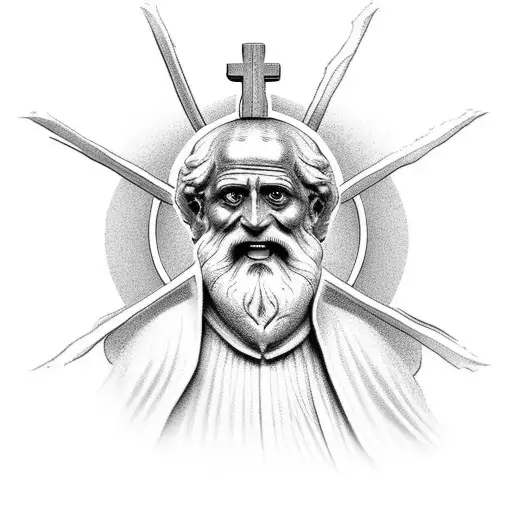 saint Peter statue with religious theme half sleeve tattoo design idea