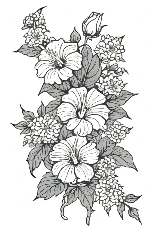 morning glory flower and aster flower bouquet fine line tattoo design idea