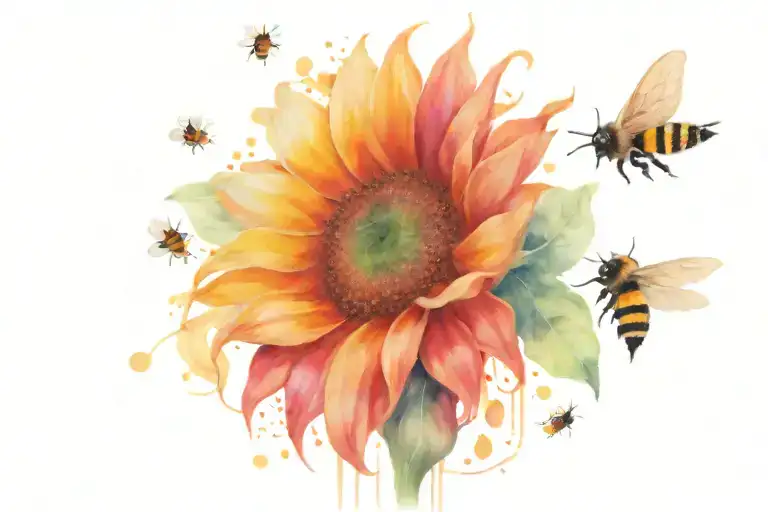 sunflowers and bees flying tattoo design idea