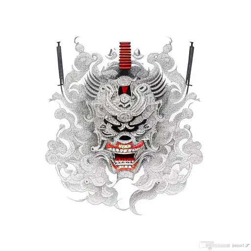 japanese mask with katana  tattoo design idea