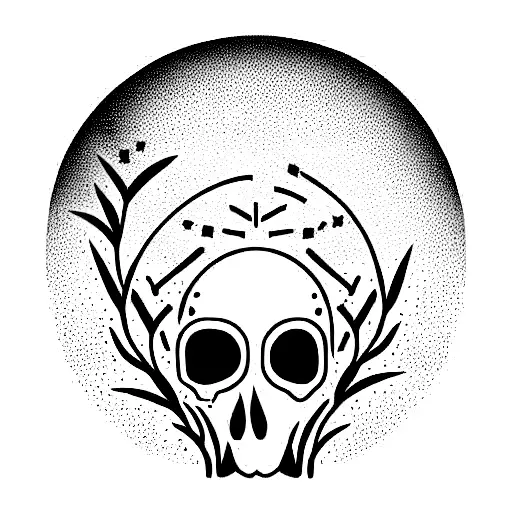 Small skull beneath pampas grass, Oak tree and stary sky tattoo design idea