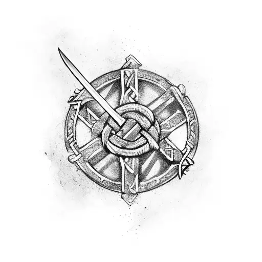 A pair of crossed Viking axes with a sword in the middle, representing the client's love for Viking weaponry tattoo design idea