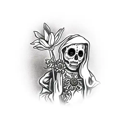 Santa Muerte holding a pipe and an edelweiss flower tattoo design idea