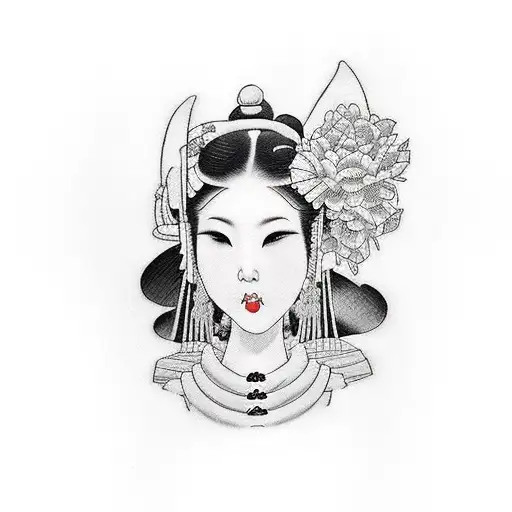 Create a geisha-inspired tattoo design that represents the sin of Lust. The design should showcase her seductive allure  tattoo design idea