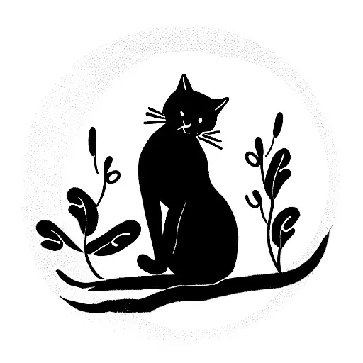 fully black cat with a white spot on its chest sitting on a branch sitting with a full moon in the background tattoo design idea