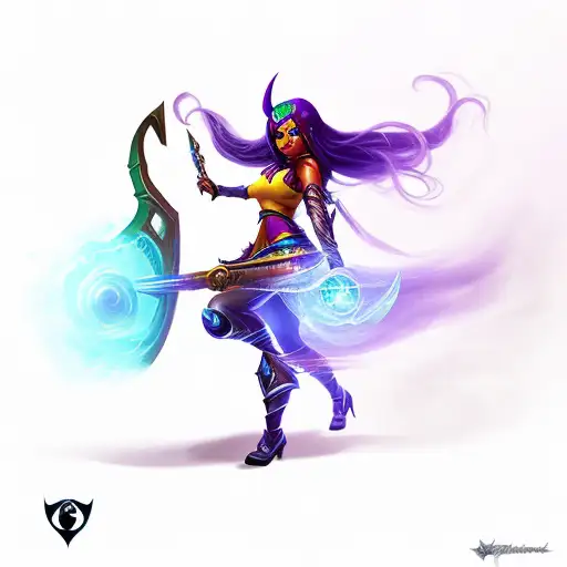 Samira, from league of legends in action with her iconic dual-wielded guns and her signature wind magic tattoo design idea
