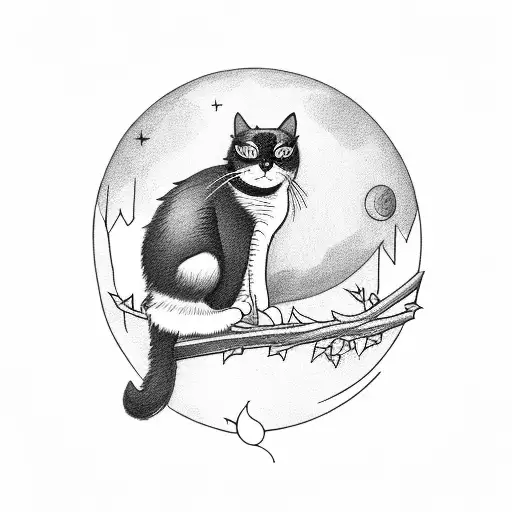 black cat with a white spot on its chest sitting on a branch with a full moon in the background tattoo design idea