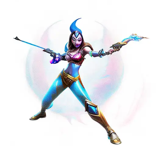 Samira, from league of legends in action with her iconic dual-wielded guns and her signature wind magic tattoo design idea