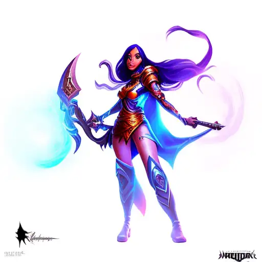 Samira, from league of legends in action with her iconic dual-wielded guns and her signature wind magic tattoo design idea