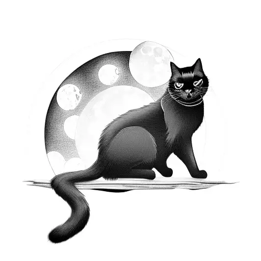 fully black cat with a white spot on its chest sitting on a branch sitting with a full moon in the background tattoo design idea