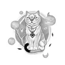 fully black cat with a white spot on its chest sitting on a branch with a full moon in the background tattoo design idea