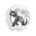 fully black cat with a white spot on its chest sitting on a branch with a full moon in the background tattoo design idea