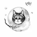 fully black cat with a white spot on its chest sitting on a branch with a full moon in the background tattoo design idea