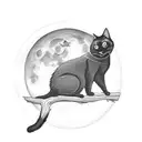 fully black cat with a white spot on its chest sitting on a branch with a full moon in the background tattoo design idea