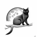 fully black cat with a white spot on its chest sitting on a branch sitting with a full moon in the background tattoo design idea