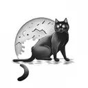 fully black cat with a white spot on its chest sitting on a branch sitting with a full moon in the background tattoo design idea