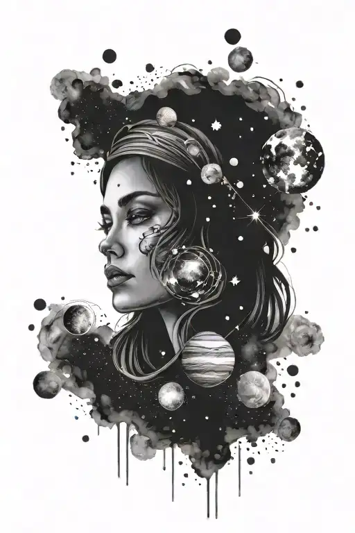 women's face dark eyes surrounded by galaxy with planets and stars tattoo design idea