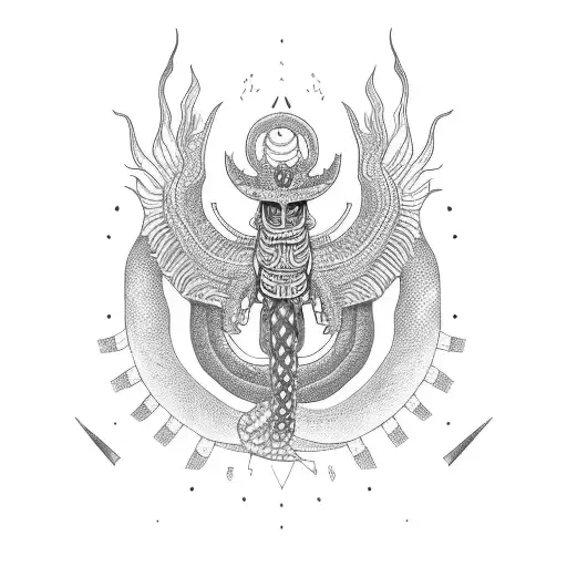um quetzalcoatl sobre uma pirâmide asteca rodeado por alebrijes  tattoo design idea