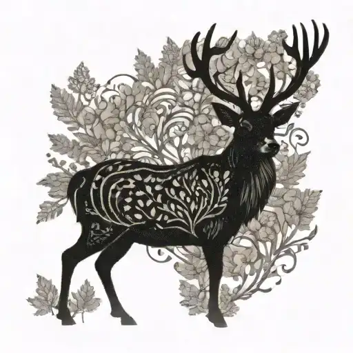 A stag silhouette filled with intricate heather flower patterns tattoo design idea