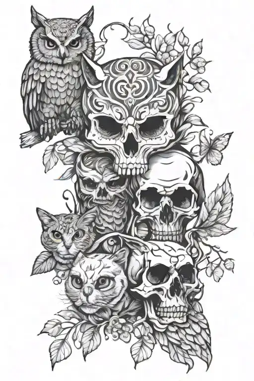 skull, cats and Owls  tattoo design idea