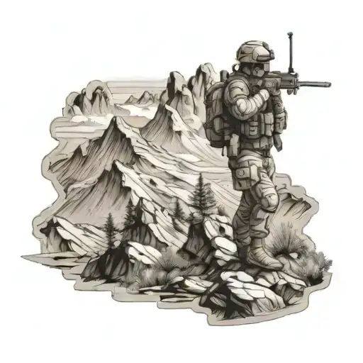 A detailed black and grey tattoo of a mountain landscape with a soldier in camouflage gear blending into the background, showcasing stealth and adaptability tattoo design idea