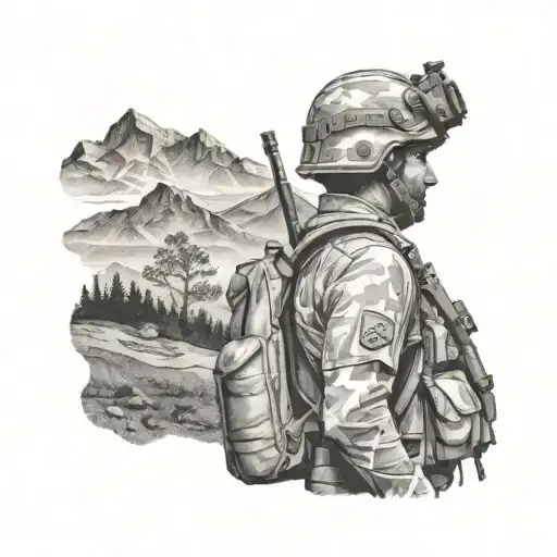A detailed black and grey tattoo of a mountain landscape with a soldier in camouflage gear blending into the background, showcasing stealth and adaptability tattoo design idea