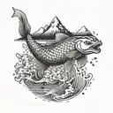 A koi fish jumping out of the water with a mountain backdrop, symbolizing overcoming obstacles and reaching new heights tattoo design idea