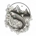 A koi fish jumping out of the water with a mountain backdrop, symbolizing overcoming obstacles and reaching new heights tattoo design idea