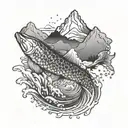 A koi fish jumping out of the water with a mountain backdrop, symbolizing overcoming obstacles and reaching new heights tattoo design idea