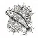 A koi fish swimming upstream with a hidden assassin's creed symbol incorporated into its scales, representing determination and loyalty tattoo design idea