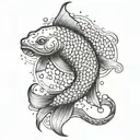 A koi fish swimming upstream with a hidden assassin's creed symbol incorporated into its scales, representing determination and loyalty tattoo design idea