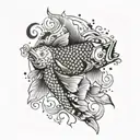 A koi fish swimming upstream with a hidden assassin's creed symbol incorporated into its scales, representing determination and loyalty tattoo design idea