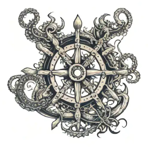 Ship's wheel, with a Hall-type anchor running through it, and octopus tentacles coming out of the sides. Facing forward tattoo design idea