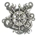 Ship's wheel, with a Hall-type anchor running through it, and octopus tentacles coming out of the sides. Facing forward tattoo design idea