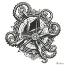 Ship's wheel, with a Hall-type anchor running through it, and octopus tentacles coming out of the sides. Facing forward tattoo design idea
