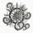 Ship's wheel, with a Hall-type anchor running through it, and octopus tentacles coming out of the sides. Facing forward tattoo design idea