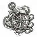 Ship's wheel, with a Hall-type anchor running through it, and octopus tentacles coming out of the sides. Facing forward tattoo design idea