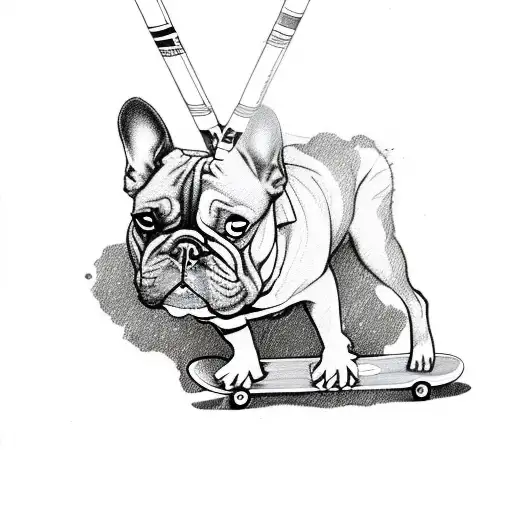 A sketch-style Frenchie smoking a joint while riding a skateboard tattoo design idea