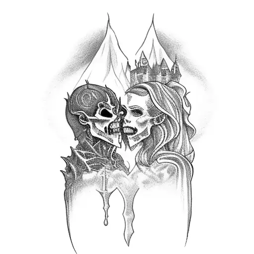 back tattoo with a vampire who bites a woman in a cemetery with a vampire castle in the background tattoo design idea