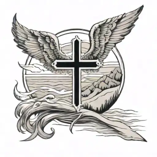 PLAGE DE SABLE. AU DESSUS DE CETTE PLAGE, IL YA UNE CROIX CHRETIENNE ET DES AILES D ANGE tattoo design idea