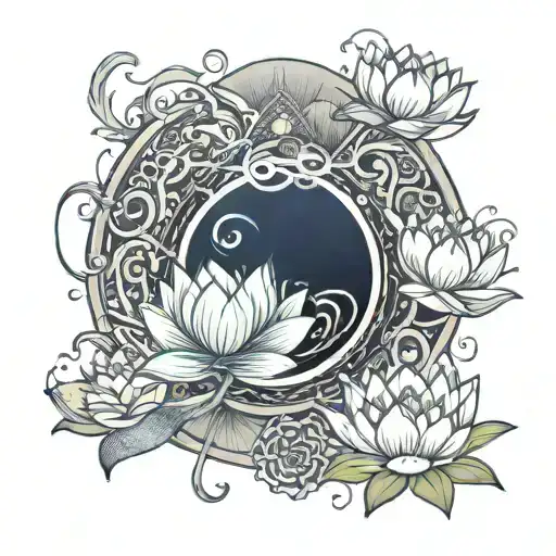 lotus paired with symbols for enlightenment, acceptance symbolized by the ouroboros surrender with water flow or waver tattoo design idea