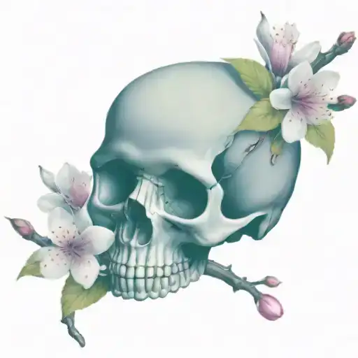 black and white skull with pink cherry blossoms  wrapped tattoo design idea