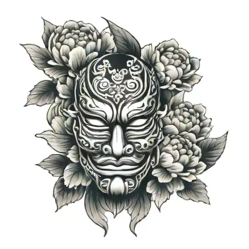 hanya mask with water and peony flowers tattoo design idea