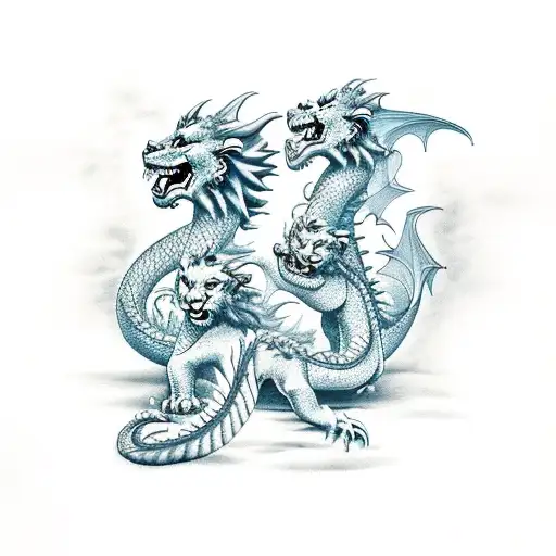 Dragon and two little lions tattoo design idea