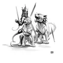Knight fighting with a dragon. Defending his two little lions.  tattoo design idea