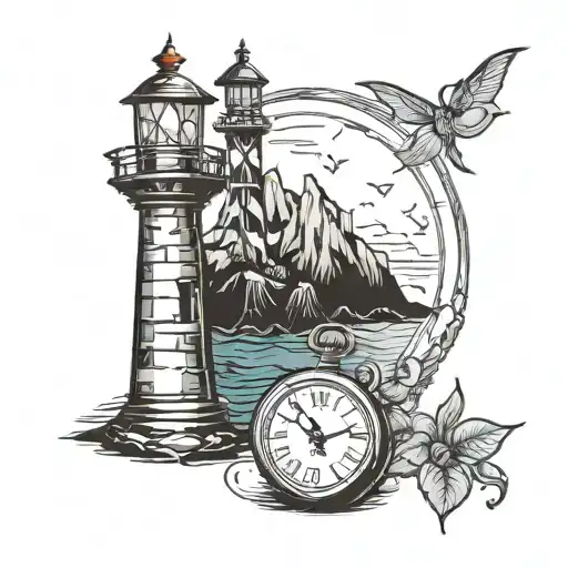 Broken pocket watch & light house tattoo design idea