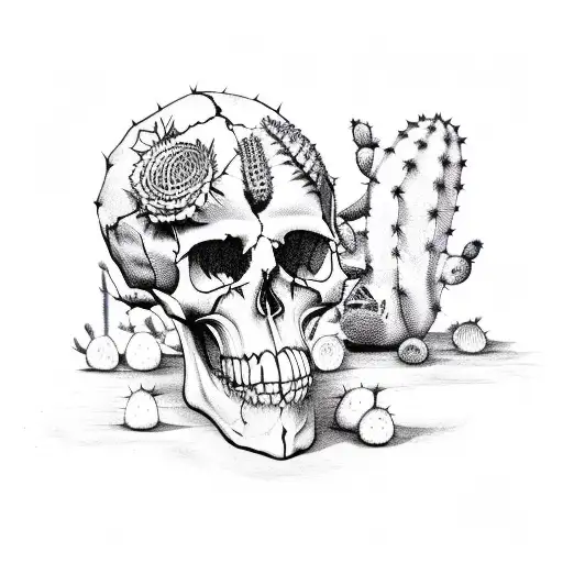 Black cat sitting next to skull filled with cactus tattoo idea | TattoosAI