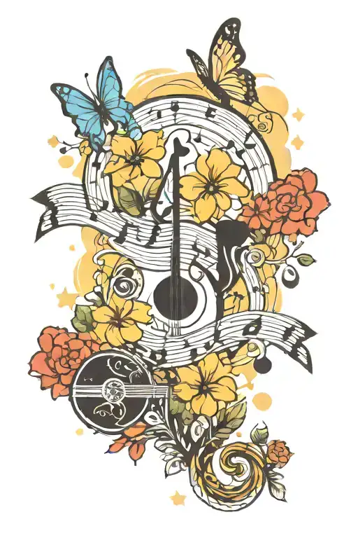music notes, butterflies, hearts, stars representing the client's tattoo design idea