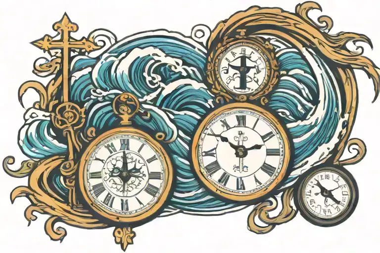 tidal waves intertwined with a clock and a cross  tattoo design idea